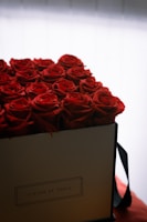 A square box filled with vibrant red roses arranged neatly on a flat surface. The box is labeled with 'Fleurs de Paris' and has a black ribbon, giving a luxurious and elegant appearance. The background and lighting are soft, highlighting the rich color of the roses.