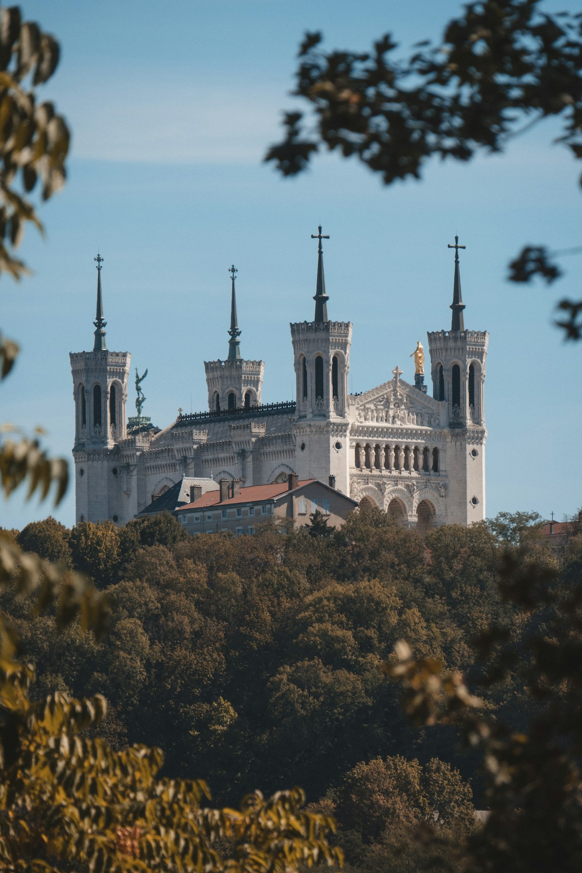 Basilica of Fourvière seen from across Lyon with its distinctive white towers