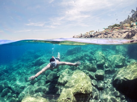 woman in black and white bikini swimming on sea during daytime