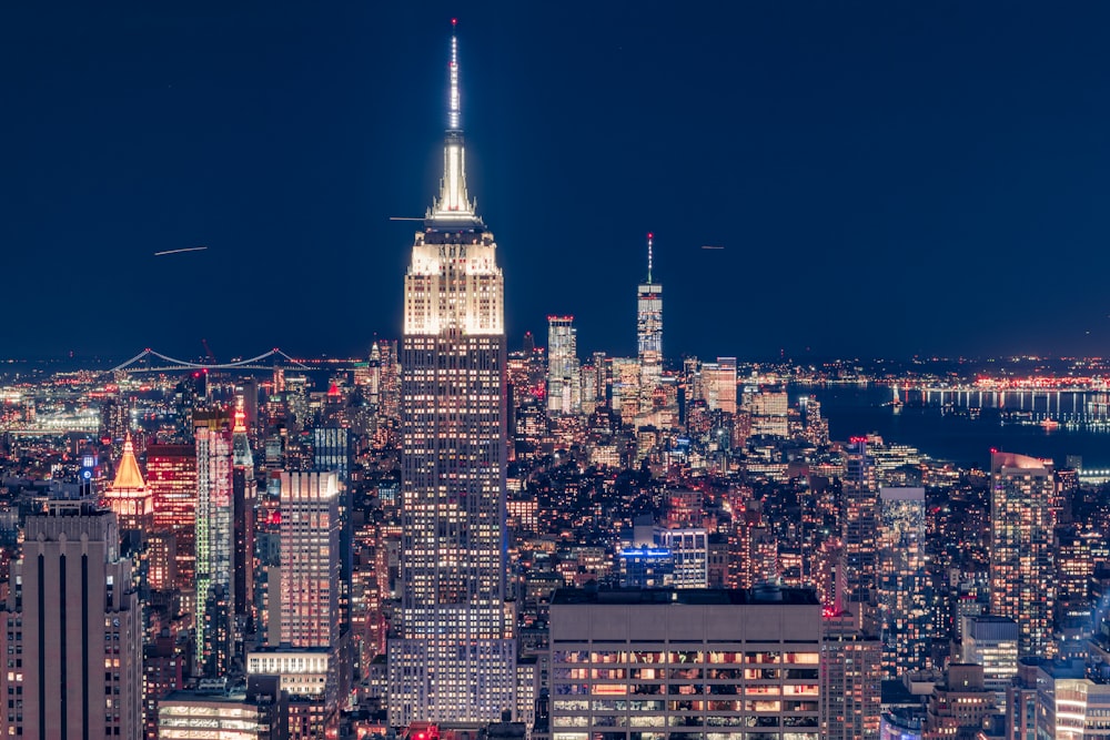 city skyline during night time