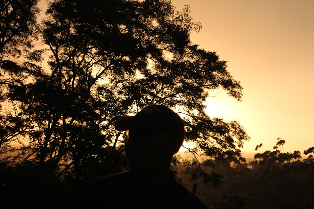 silhueta do homem em pé perto da árvore durante o pôr do sol