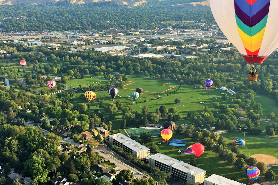 Hot air balloons landing in Ann Morrison Park during the Spirit of Boise balloon rally