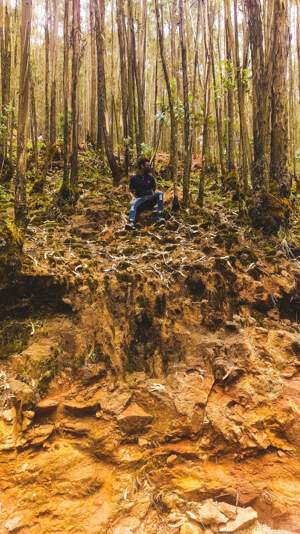 man in blue jacket sitting on brown rock during daytime