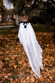 A ghost decoration with a white sheet drapes down, featuring a black, mouth-shaped cutout and eyepieces. It hangs from a tree branch, wearing a striped orange and black witch hat. The background is filled with dried leaves scattered on the ground, giving an autumn feel.