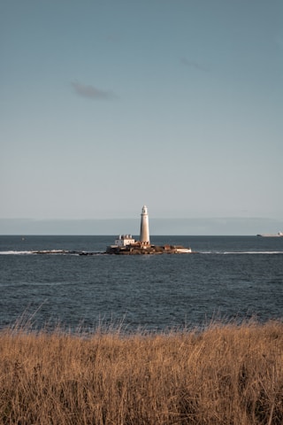 white and brown lighthouse on sea under white sky during daytime