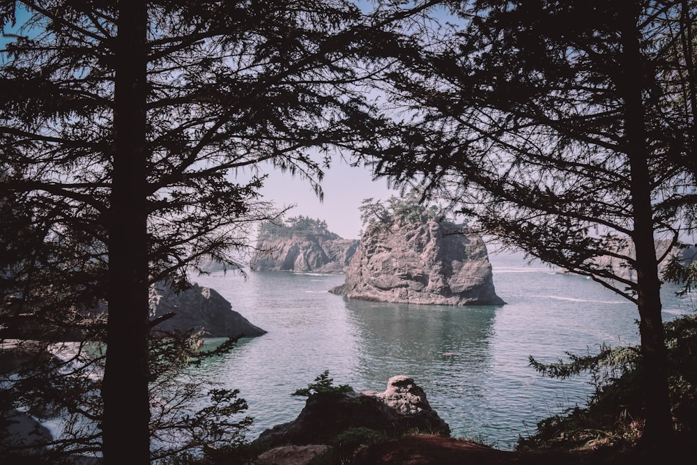 brown rock formation on body of water during daytime