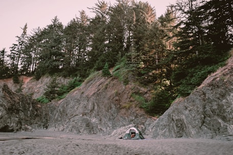 A serene campsite is nestled on a sandy beach surrounded by rocky cliffs and dense forest. A small green tent is pitched at the base of the cliffs, highlighting the contrast between the soft sand and the rugged natural terrain. Tall trees rise above the cliffs, adding depth and a natural canopy to the scene.