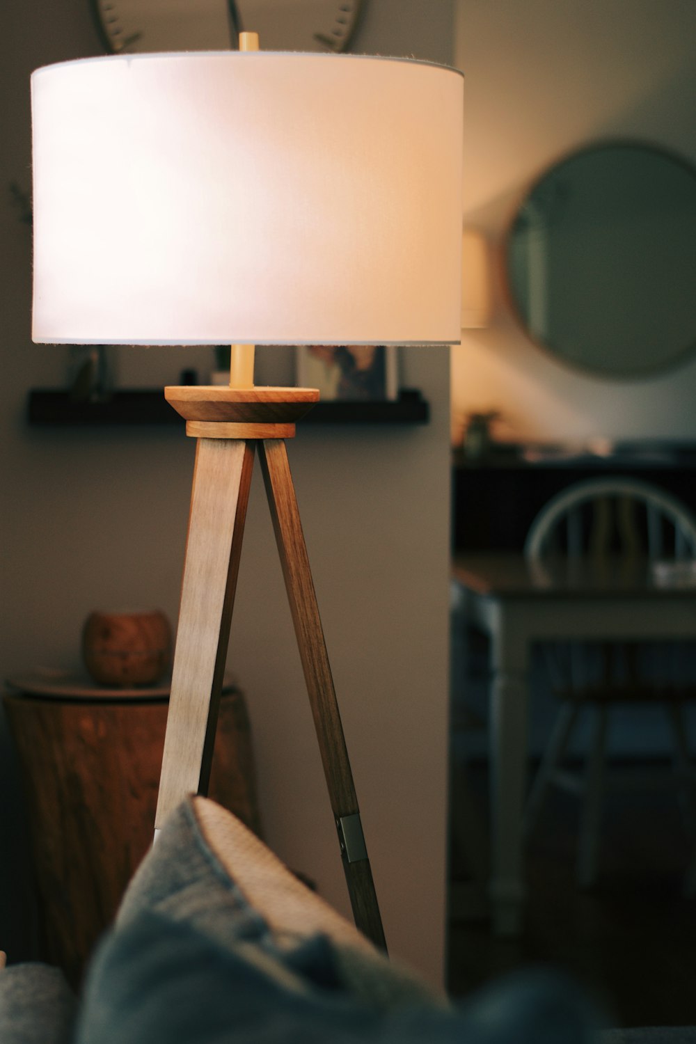 white and brown table lamp