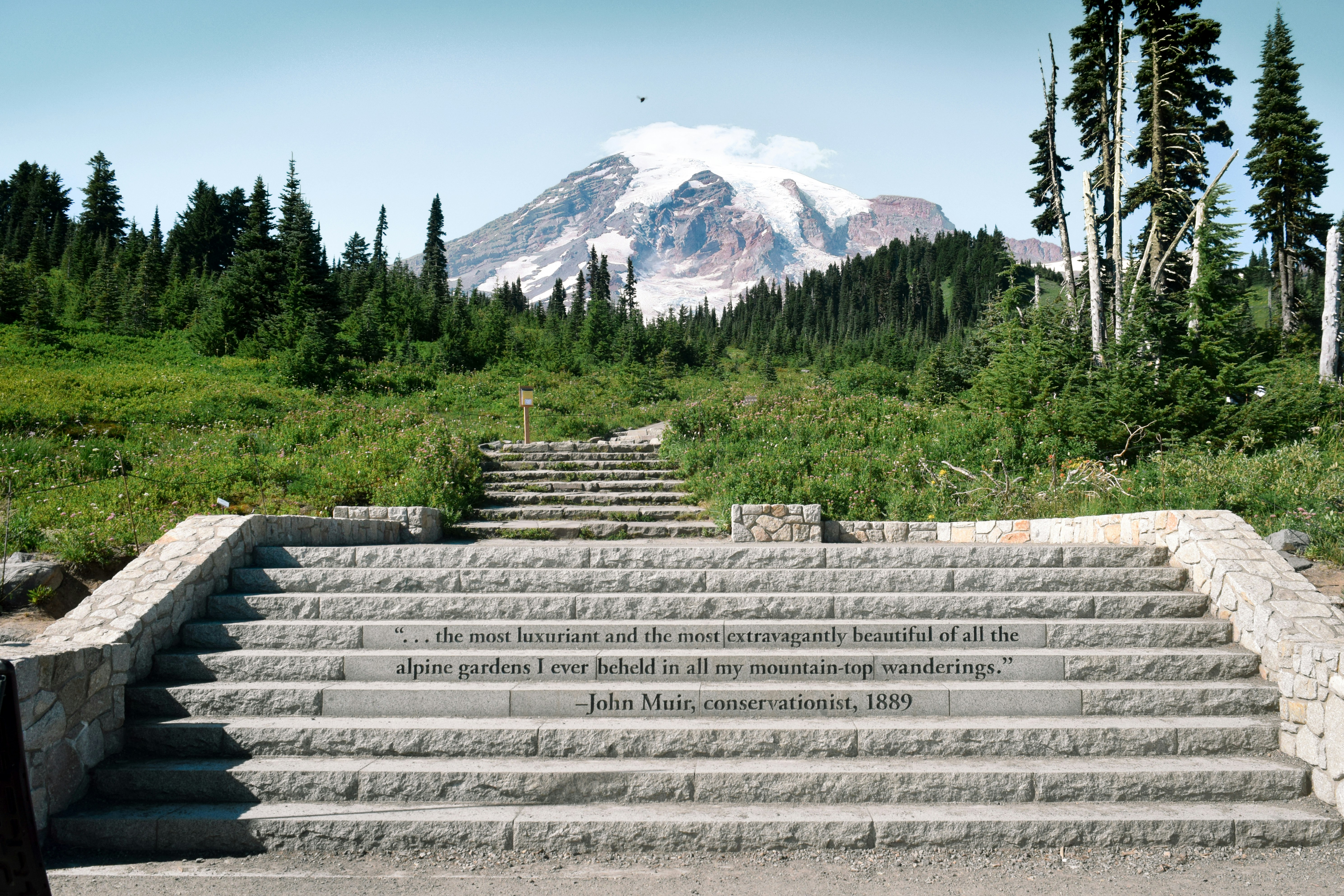 gray concrete blocks near green trees and mountain during daytime, Mount Rainier, Washington, USA