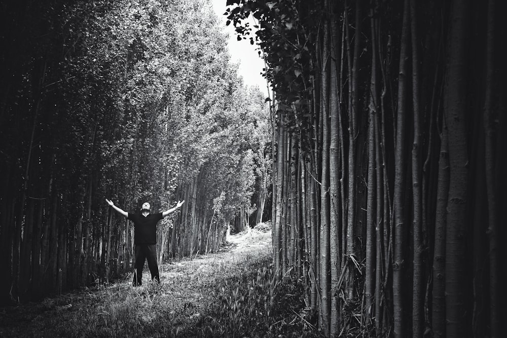 grayscale photo of person in forest