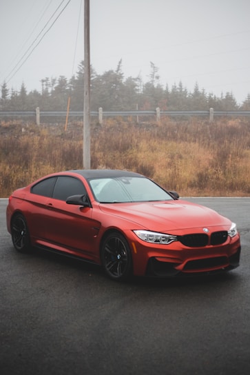 A sleek red sports car parked on a textured asphalt road under moody evening light.