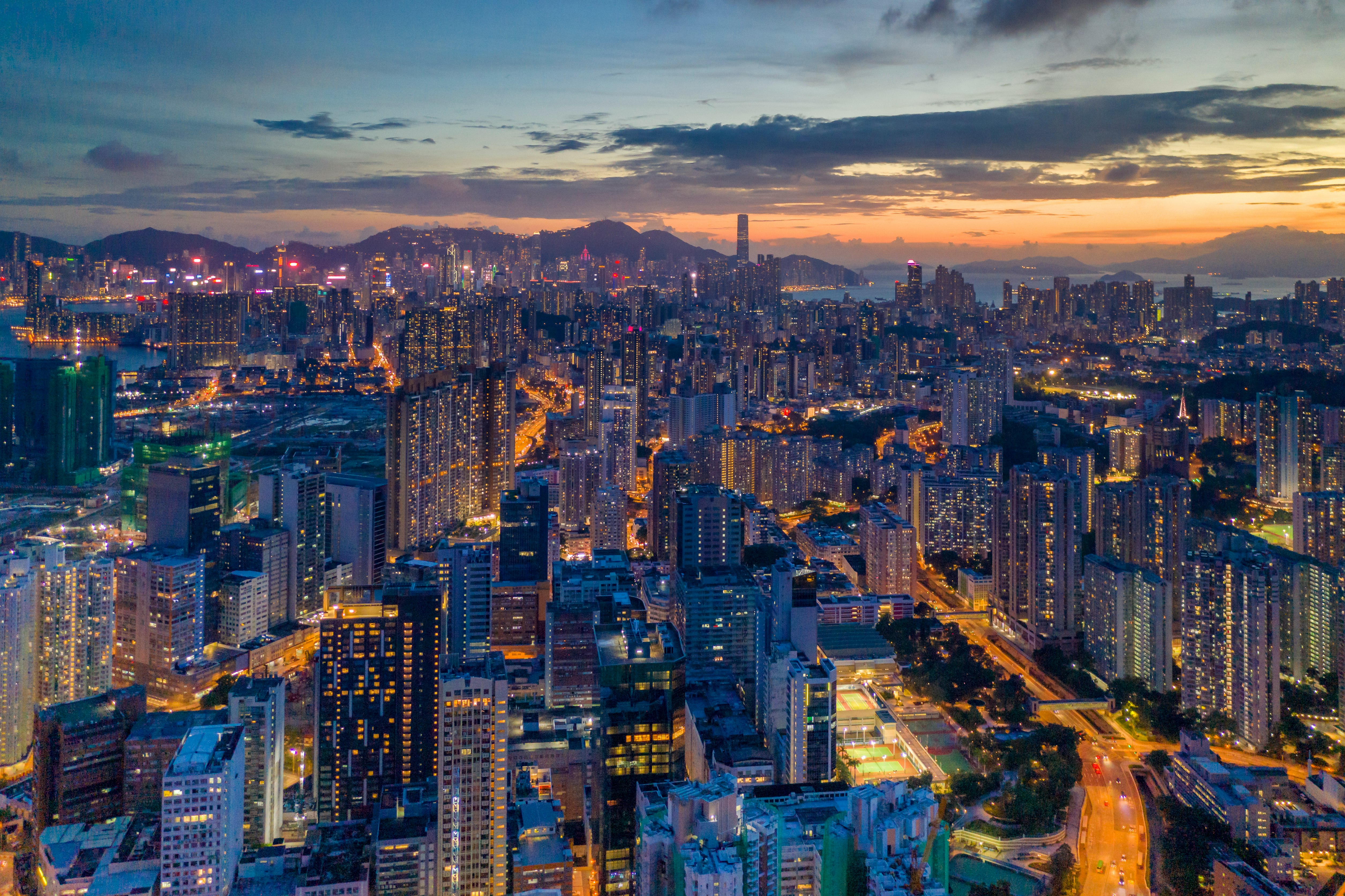 aerial view of city buildings during night time