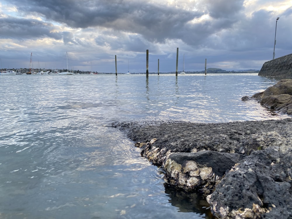 gray rocks on sea shore under cloudy sky during daytime