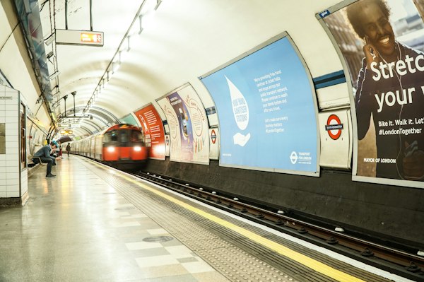 London Underground red tube train at platform