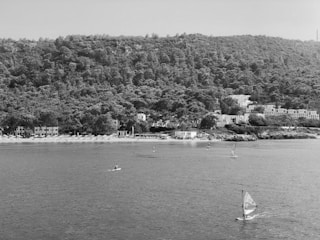 A coastal scene featuring a dense forested hill in the background with a cluster of white buildings nestled along the shoreline. Several people are engaging in water activities such as windsurfing on the calm sea, while small waves lap against the beach in front of the buildings.