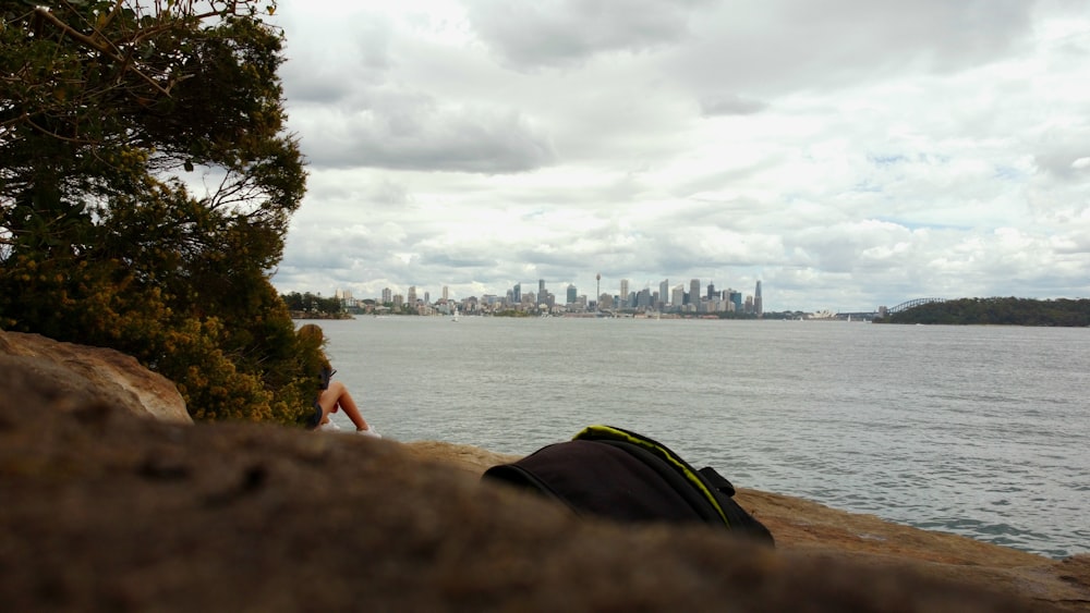 person in black jacket and green backpack standing on brown rock near body of water during