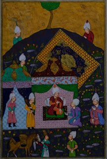 people standing on red green and yellow area rug