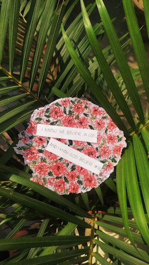 A circular fabric with a floral pattern featuring red and pink roses is placed among green palm leaves. Two strips of paper with handwritten text are laid across the fabric. The text reads: 'I KNOW WE BELIEVE IN GOD. AND I KNOW GOD BELIEVE IN US.' Sunlight is casting shadows, adding depth to the scene.