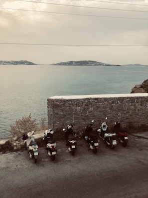 Several scooters are parked in a row on a roadside overlooking a serene body of water. In the background, there is a stone wall and a view of distant hills across the water under a cloudy sky.