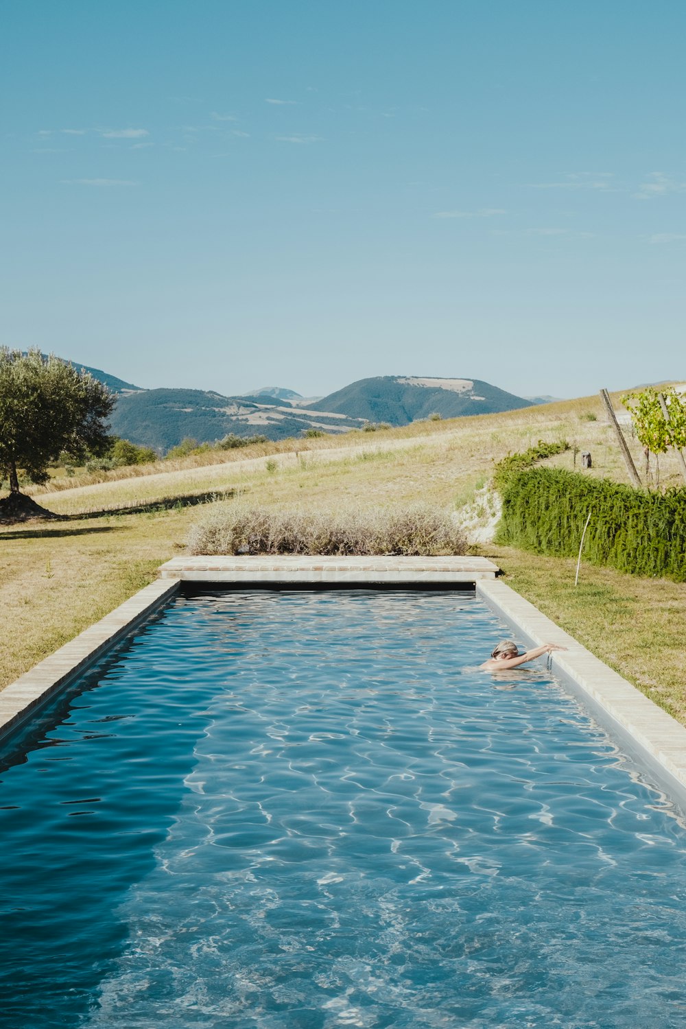 blue swimming pool near green grass field during daytime