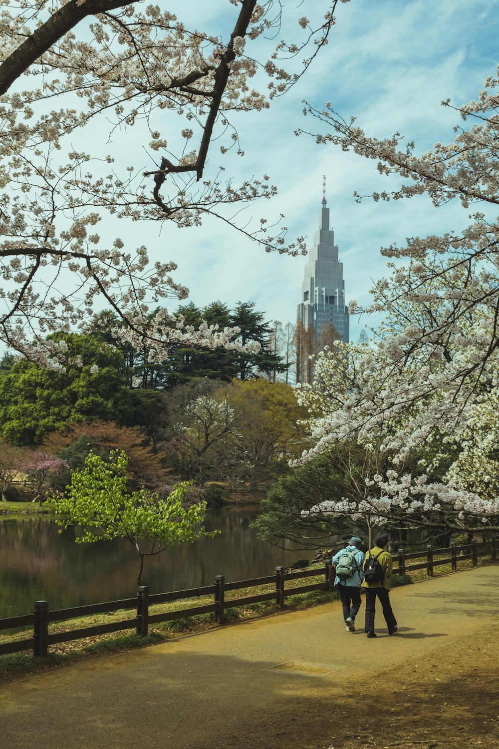 昼間、川沿いの公園を歩く人々