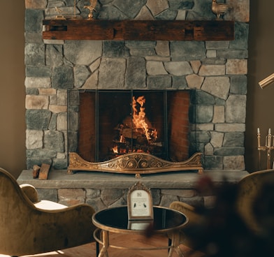 brown and white stone fireplace