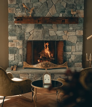 brown and white stone fireplace