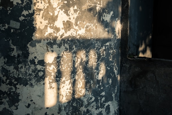 Monochrome photo of an old, textured wall with peeling paint and deep shadows.