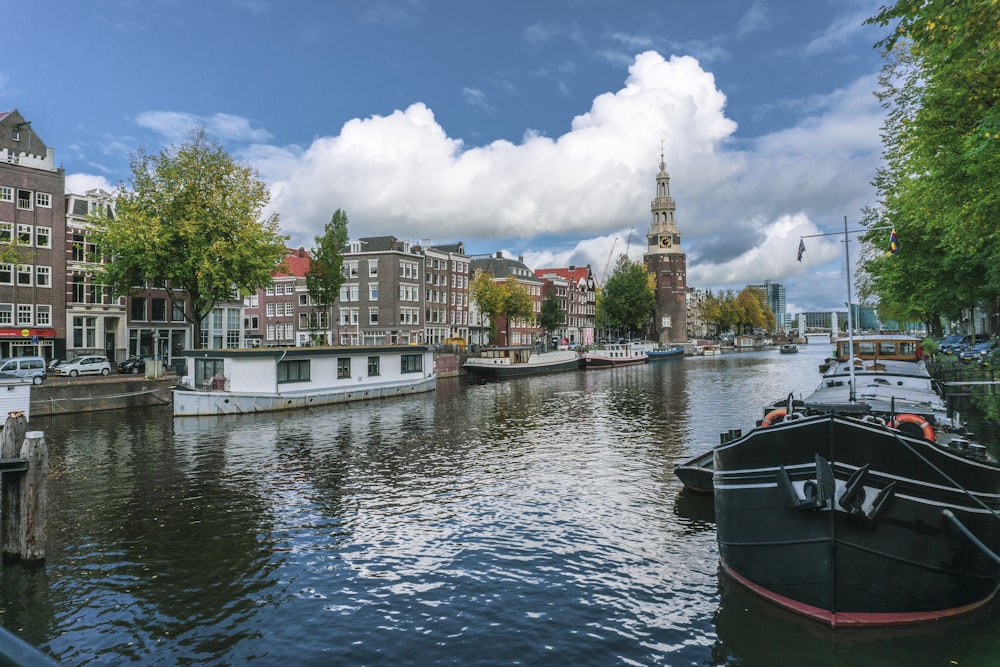 white and black boat on river near city buildings under blue and white sunny cloudy sky