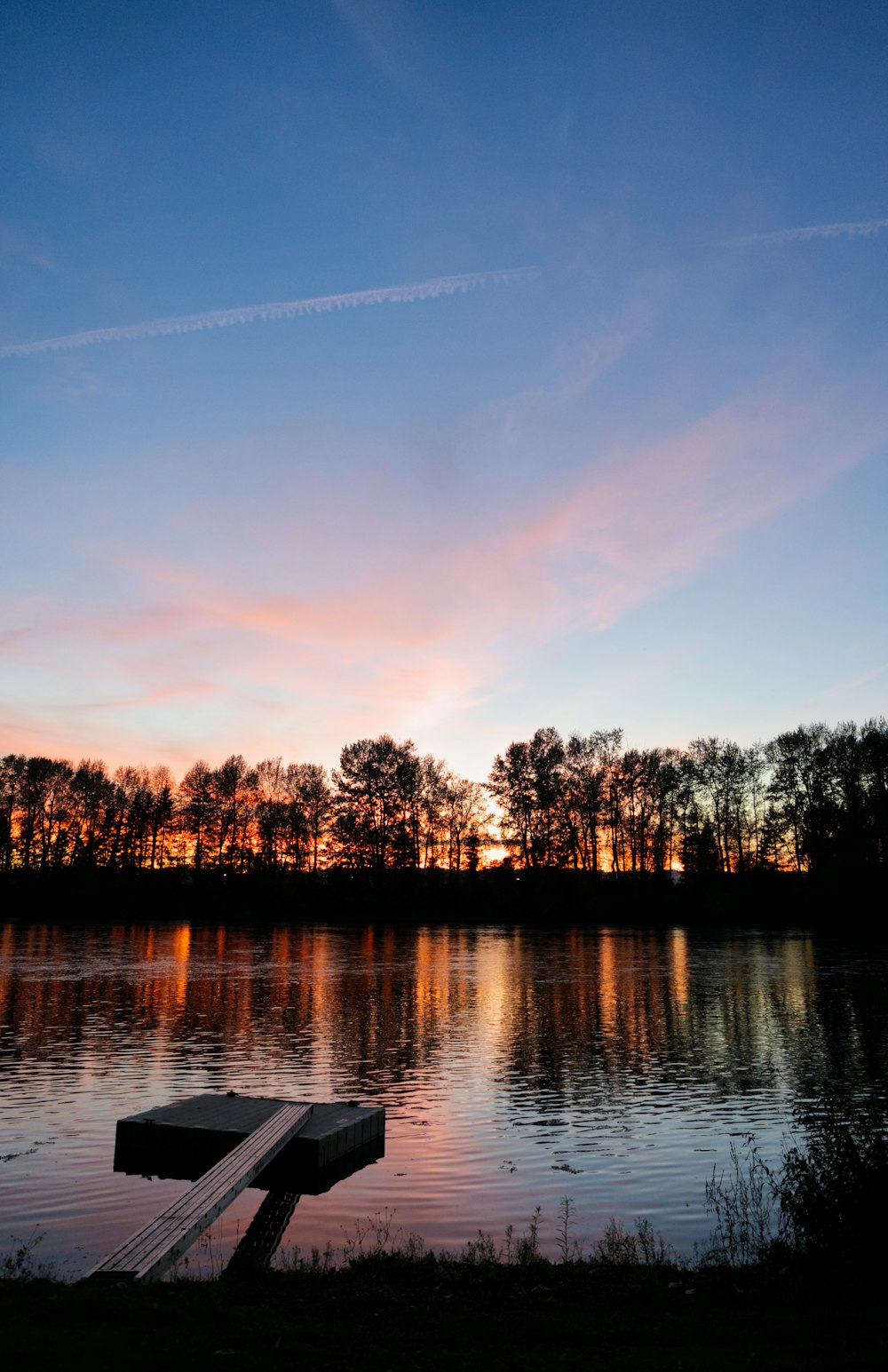 body of water near trees during sunset