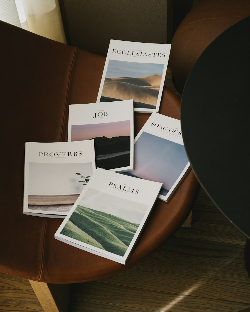 white and green book on brown wooden table