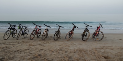 A group of bikes lined up on a coastal highway with the ocean in the background.