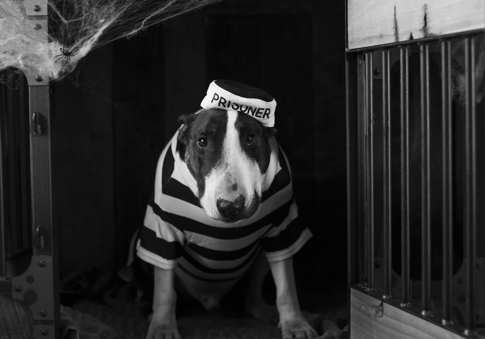 grayscale photo of a dog wearing a white and black striped shirt