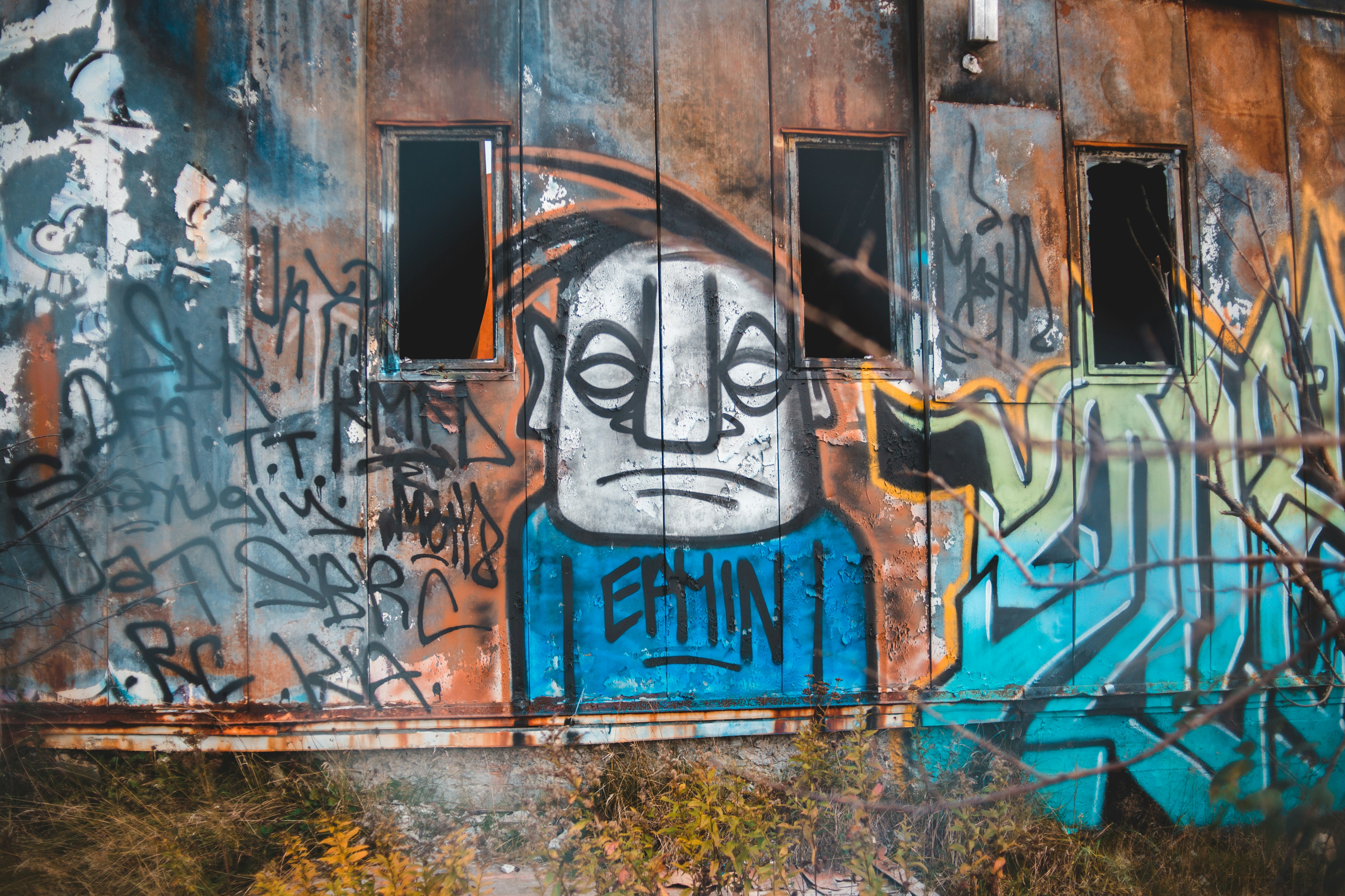 blue and white wooden door with graffiti