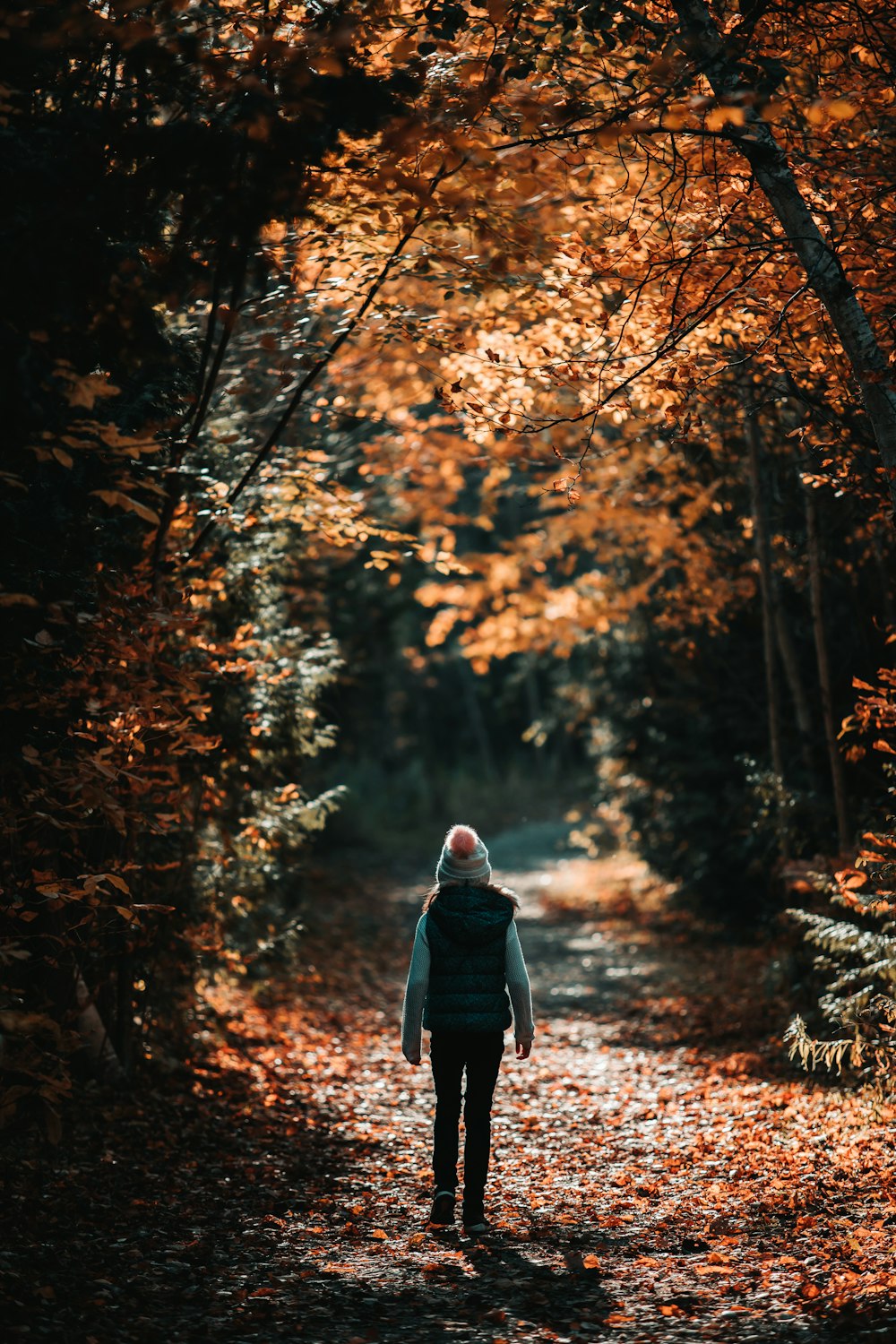 woman in black coat standing in the middle of forest during daytime