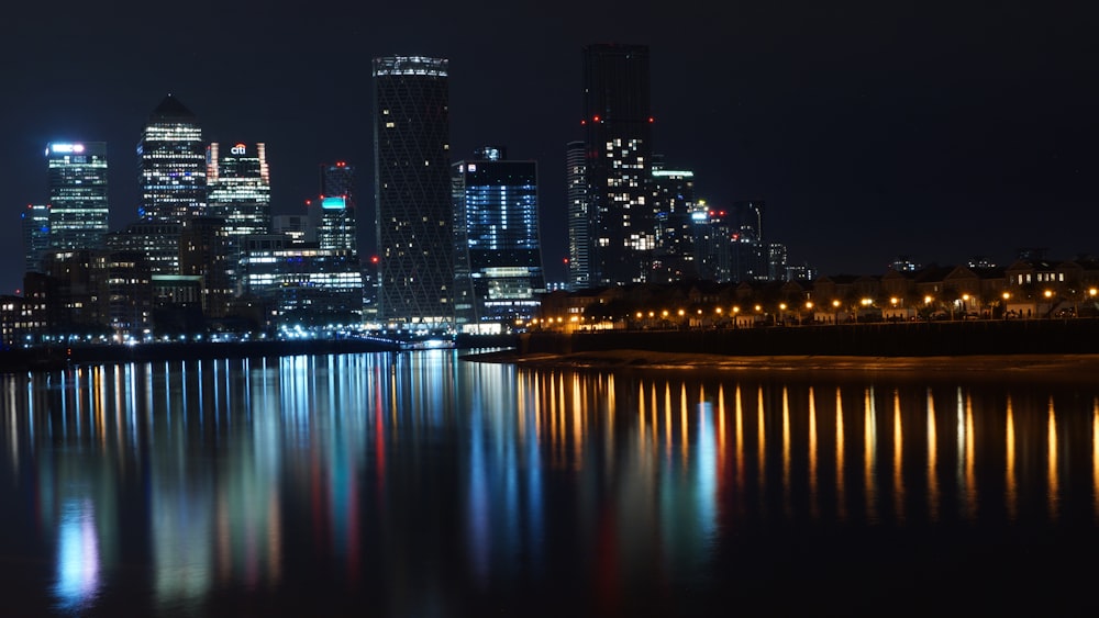 city skyline during night time