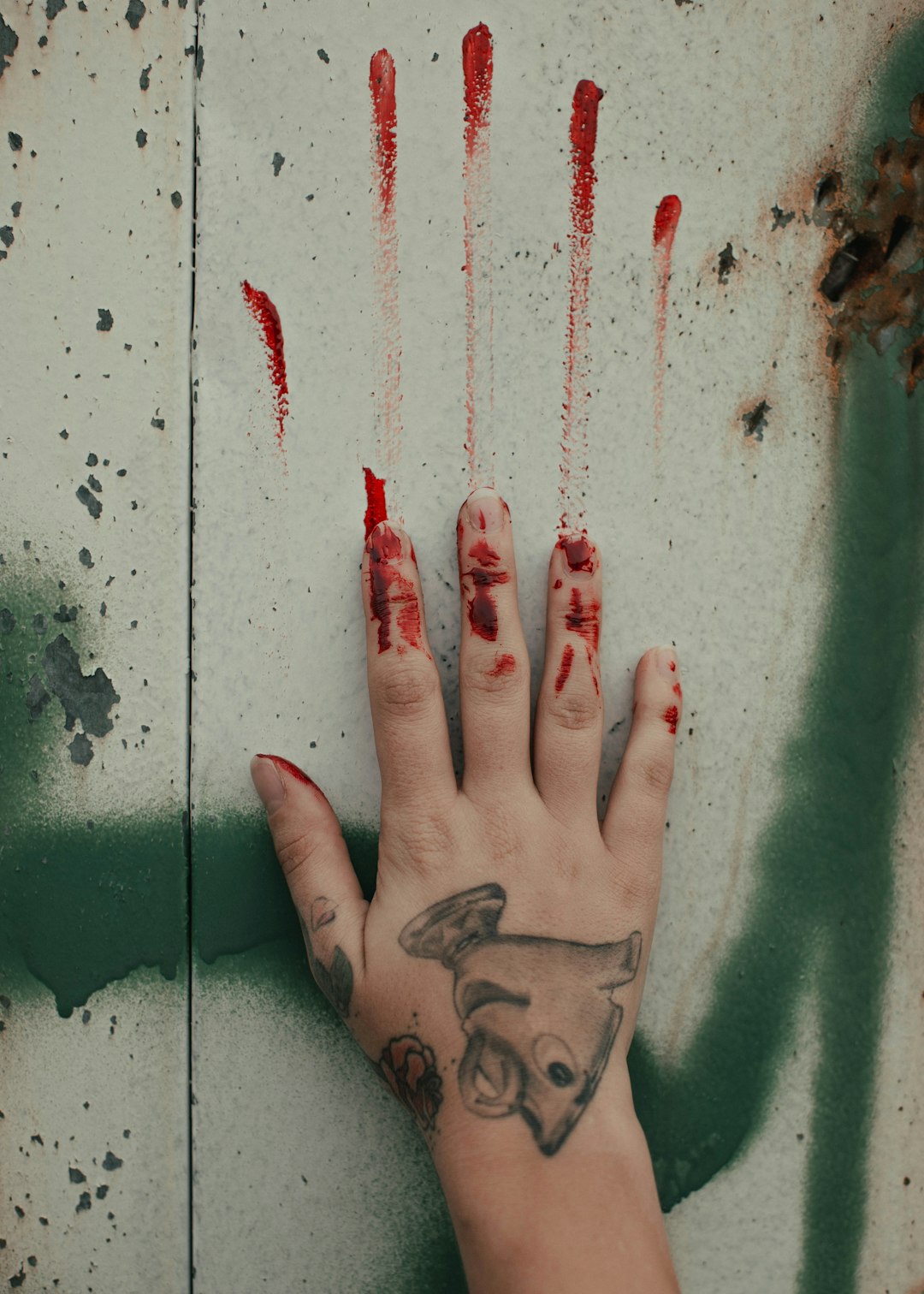 person with red manicure on green concrete wall