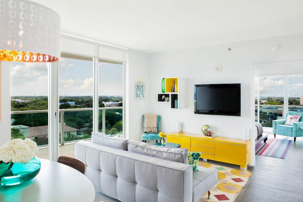 white and brown living room set