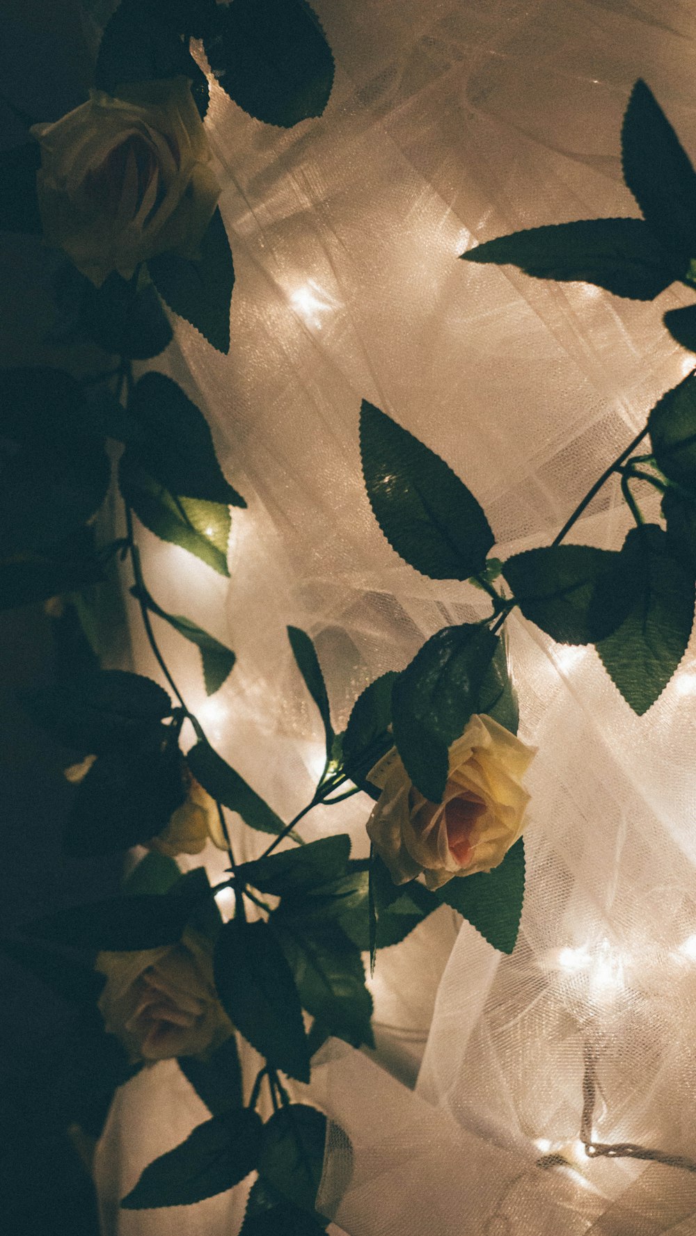 grayscale photo of leaves on white textile