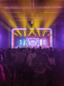 A vibrant crowd enjoying a live concert under colorful stage lights in Dubai.