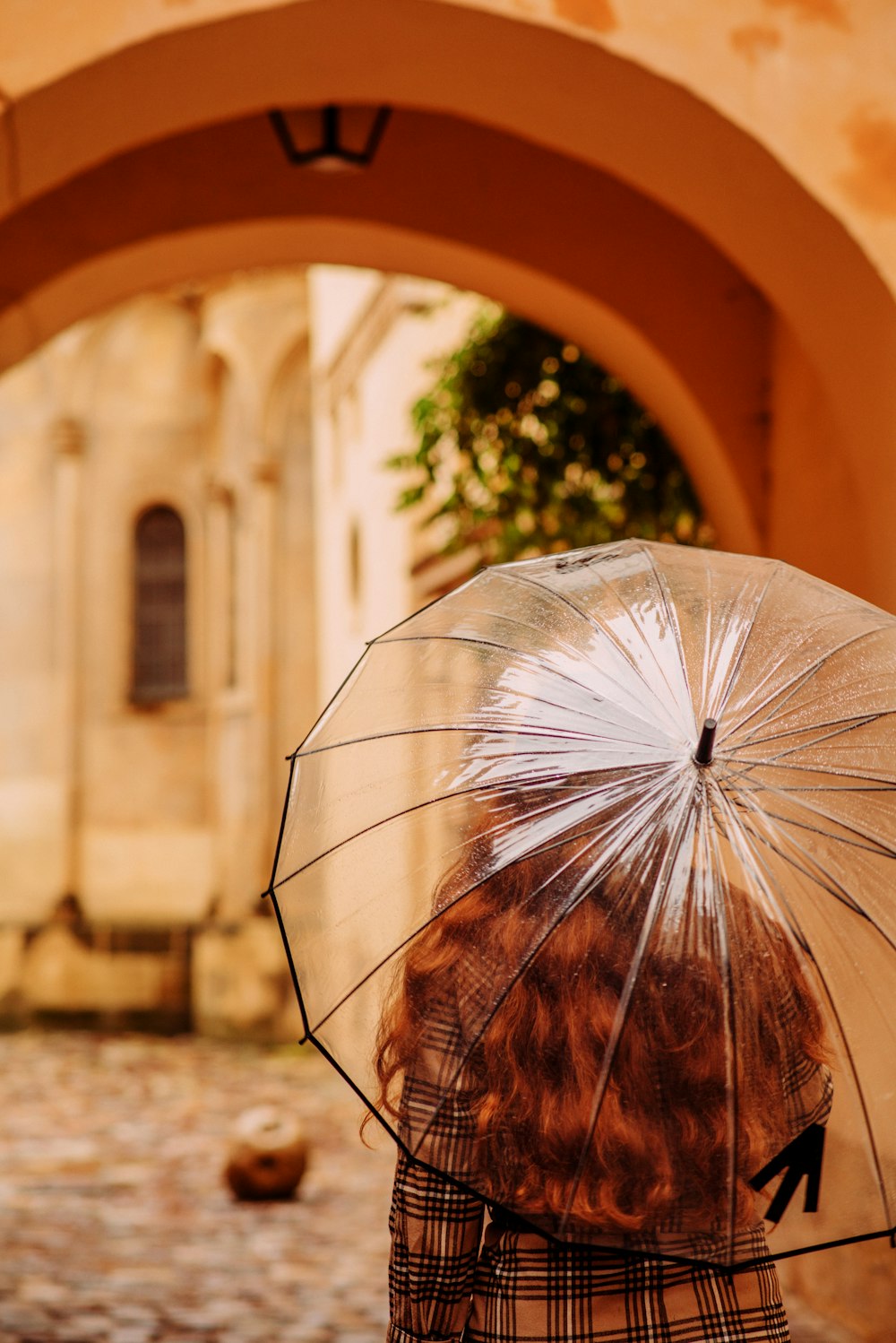 clear umbrella near brown concrete building during daytime