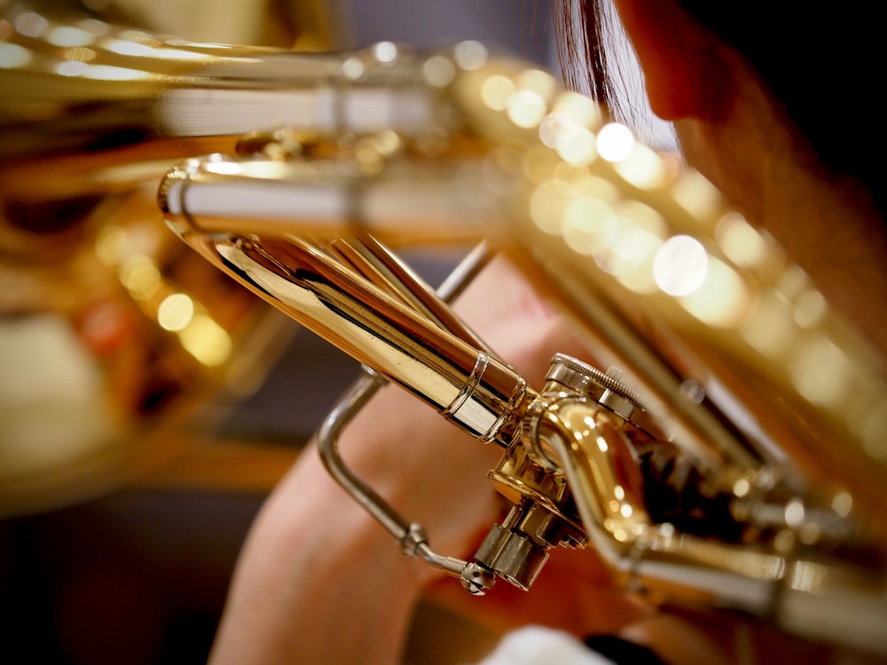 brass trumpet in close up photography