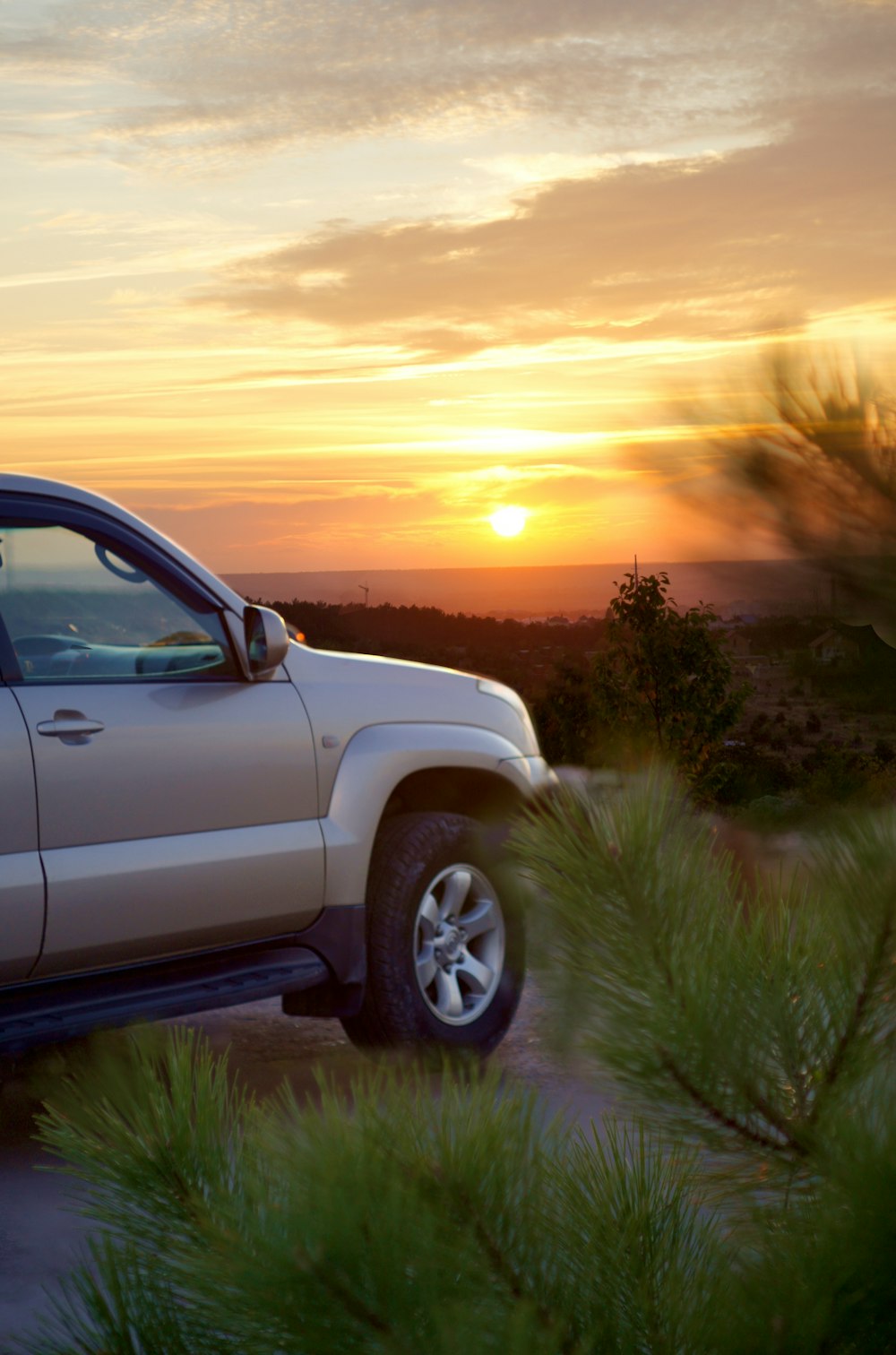 white suv on green grass field during sunset