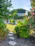 A serene backyard garden with lush greenery and a stone pathway, showcasing expert landscaping.
