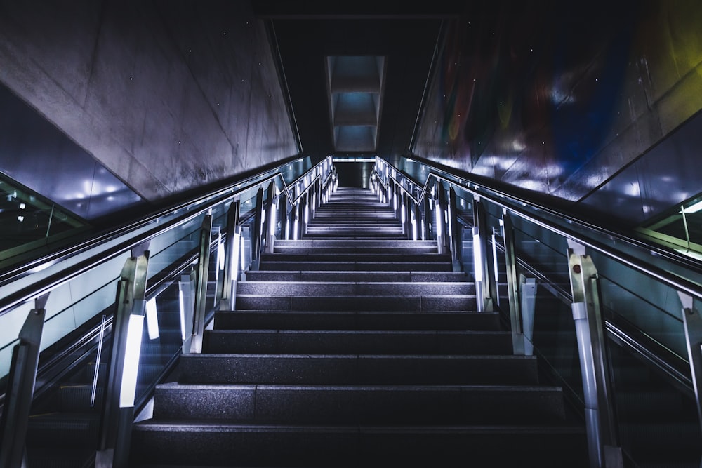 black and white staircase with stainless steel railings