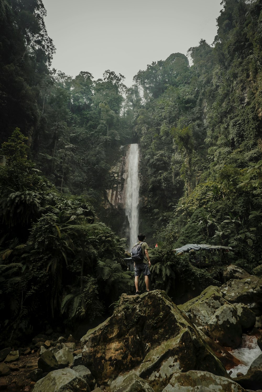 man in white shirt and blue shorts standing on brown rock near waterfalls during daytime