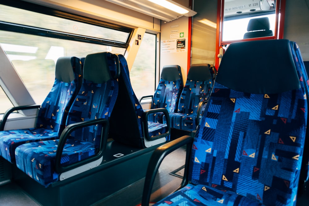 blue and white bus seats
