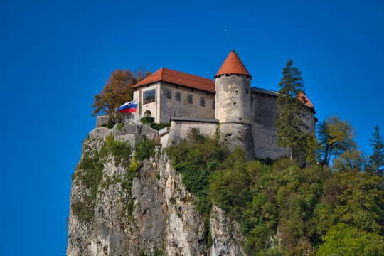 brown and white concrete building on top of green and brown mountain under blue sky during in Lake Bled Slovenia