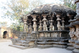 A serene temple courtyard with intricate carvings and peaceful surroundings.