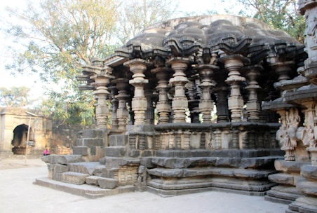 A serene temple courtyard with intricate carvings and peaceful surroundings.